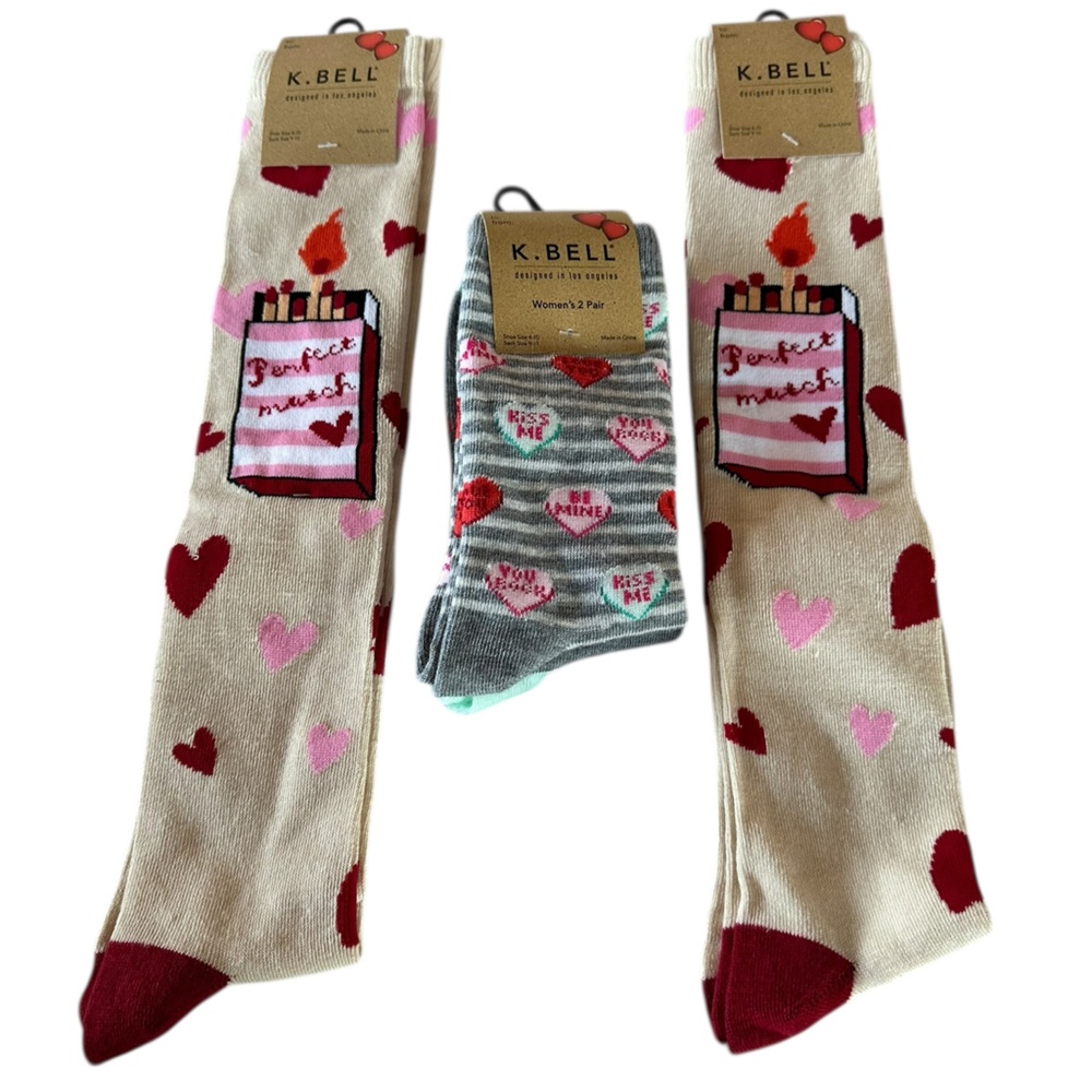 4 NWT K Bell Sz 9-11 Valentines Socks Knee High Crew Candy Hearts Sweetheart Lot